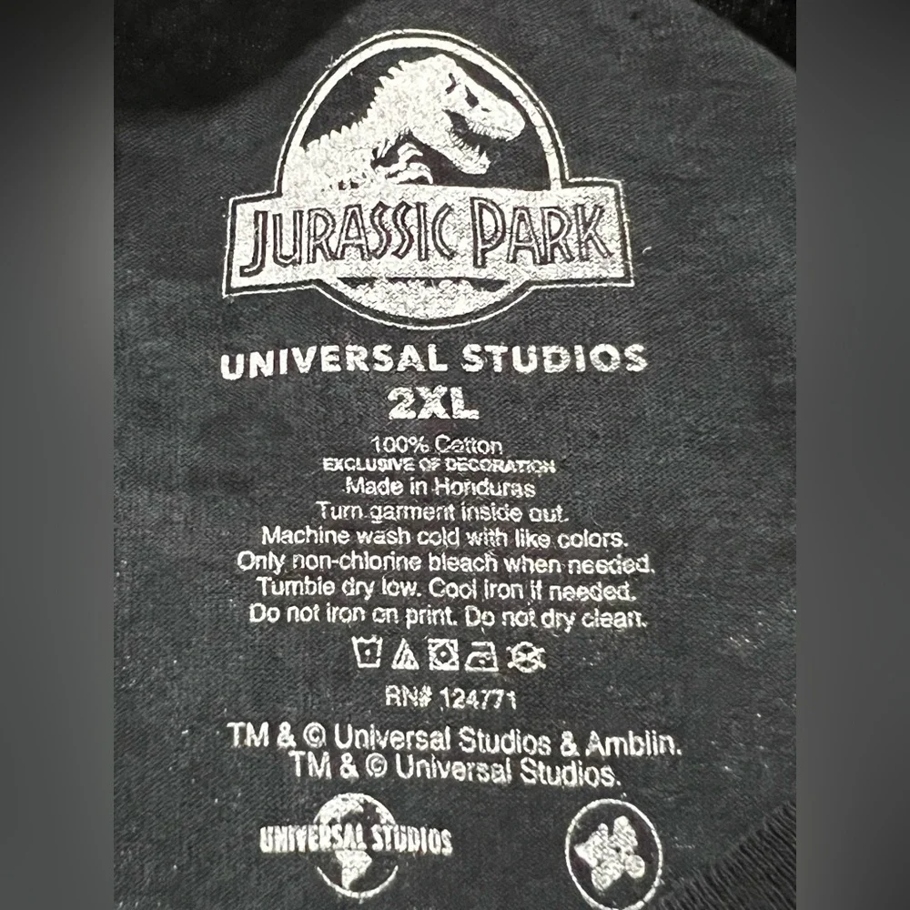 Universal studios Jurassic Park Graphic Tee shirt top‎ black blue dinosaur 2XL